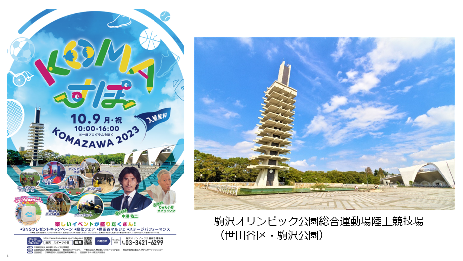 KOMAすぽの告知画像と駒沢オリンピック公園総合運動場の写真
