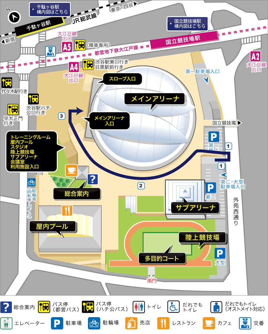 駐車場からメインアリーナへのルート案内見取り図